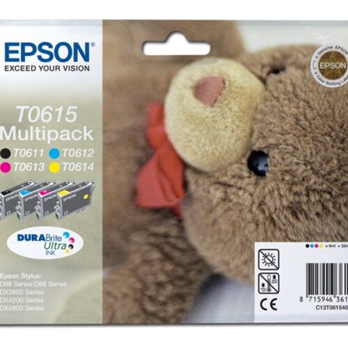 EPSON 1LB T0615 ink cartridge black and tri-colour standard capacity 8ml 250 pages 4-pack blister without alarm
