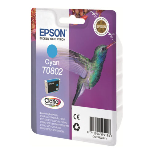 EPSON 1LB T0802 ink cartridge cyan standard capacity 7.4ml 935 pages 1-pack blister without alarm