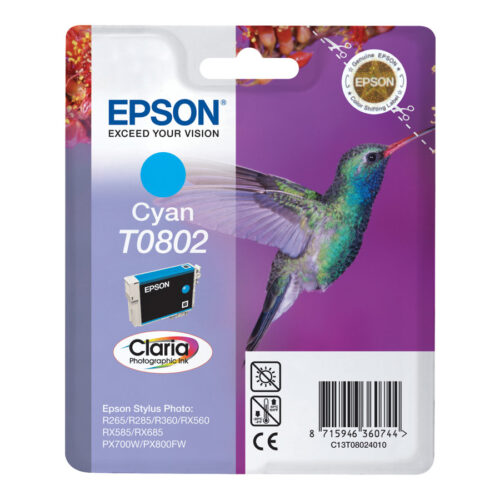 EPSON 1LB T0802 ink cartridge cyan standard capacity 7.4ml 935 pages 1-pack blister without alarm