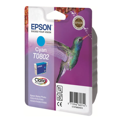 EPSON 1LB T0802 ink cartridge cyan standard capacity 7.4ml 935 pages 1-pack blister without alarm