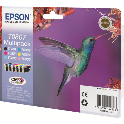 EPSON 3LB T0807 ink cartridge black and five colour standard capacity black and colour: 7.4ml 6-pack blister without alarm