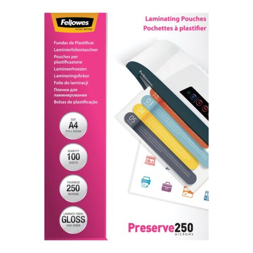 FELLOWES LAMINATING POUCH A4 250MIC 100PK