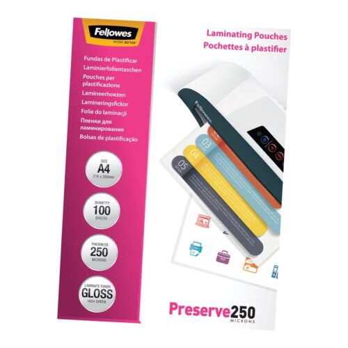 FELLOWES LAMINATING POUCH A4 250MIC 100PK