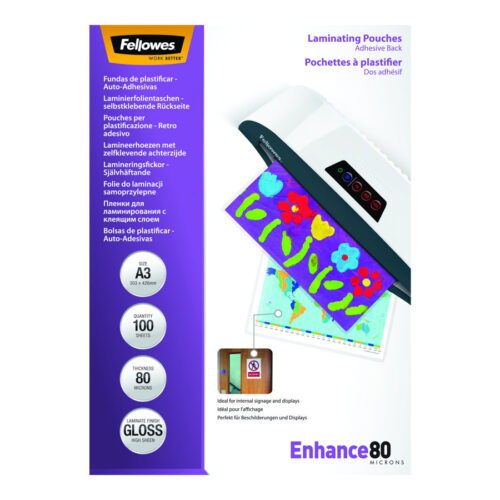 FELLOWES POCHETTES A3-DOS ADHESIF-80 MICRONS