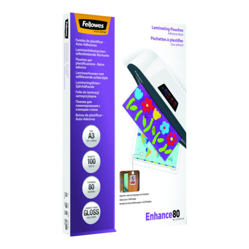 FELLOWES POCHETTES A3-DOS ADHESIF-80 MICRONS