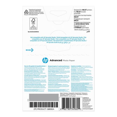 HP original Q8692A Advanced glossy photo paper Ink cartridge 250g/m2 100x150mm 100 sheets 1-pack borderless
