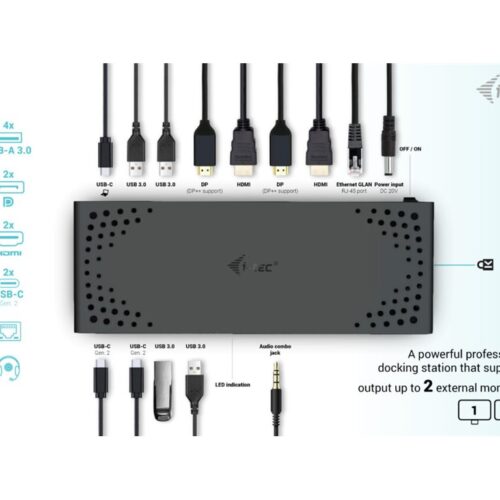 I-TEC USB 3.0/USB-C/Thunderbolt 3 Dualdock 1x5K 2x4K 60Hz 2xDP 2xHDMI 1xGLAN 4xUSB 3.2 2xUSB-C 3.2 Gen.2 1xAudio/Mic Jack PD 100W KL