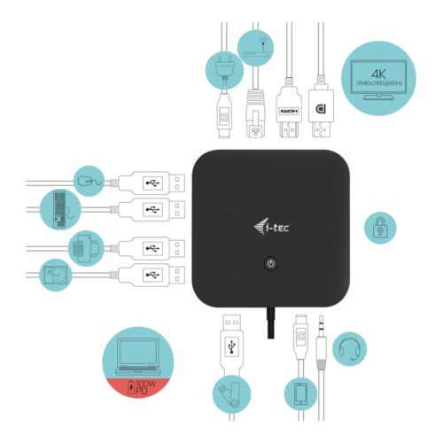 I-TEC USB-C Dual Display MST DS 1xDP 1xHDMI 1xGLAN 3xUSB 3.0 2xUSB 2.0 1xUSB-C-Datei 1xAudio/Mic Jack 1x100W USB-C PD+Charger 112W
