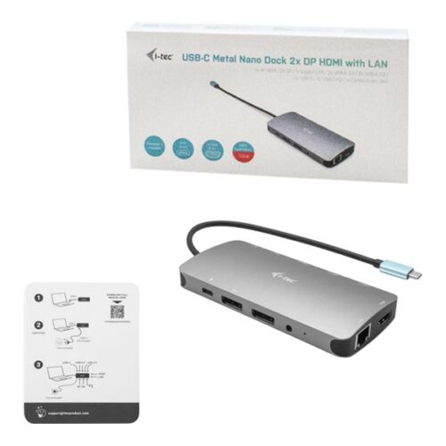 I-TEC USB-C Metal Nano Dock 2xDP 1xHDMI 1xGLAN 1xAudio/Mic 2xUSB 3.1 2xUSB 2.0 1xUSB-C Data 1xUSB-C, sans alimentation fournie