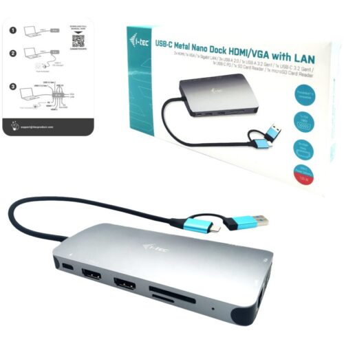 I-TEC USB-C Metal Nano Dock 2xHDMI 1xVGA 1xSD Cardreader 1xmicroSD Cardreader 1xGLAN 3xUSB 2.0 1xUSB 3.2 1xUSB-C3.2Data 1xUSB-C PD
