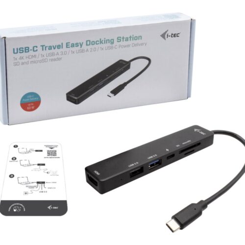 I-TEC USB-C Travel Easy Dock HDMI4K USB-C USB3.0 USB2.0 SD+microSD Card reader Power Delivery 60W 20cm USB-C Cable Sans Alimentation