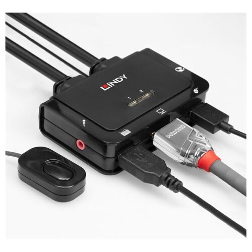 LINDY 2 Port HDMI 2.0 18G USB 2.0 Cable KVM Switch with Audio