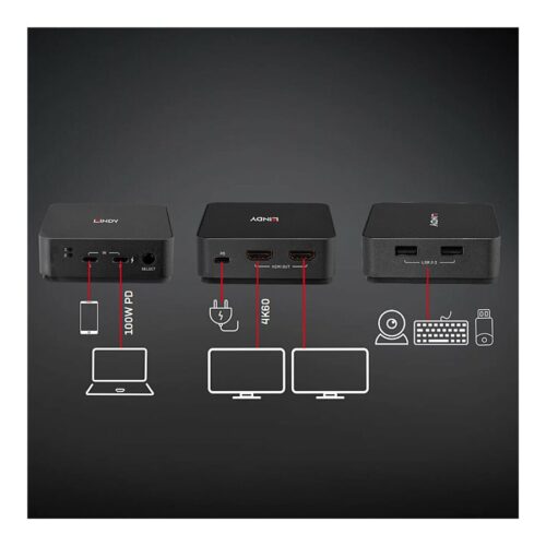 LINDY 2 Port Type C Dual HDMI 4K60 KVM Switch