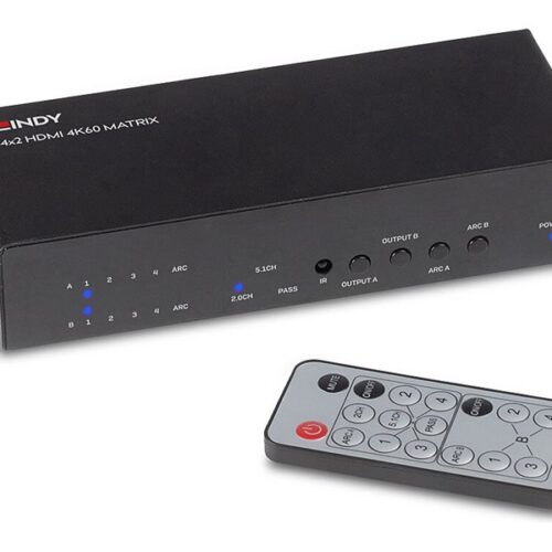 LINDY 4×2 HDMI 2.0 4K 18G Matrix Switch with Audio Extractor Optical Out or 3.5mm Jack 4K 3840x2160at60Hz 8bit