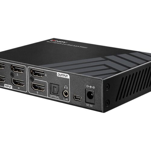 LINDY 4×2 HDMI 2.0 4K 18G Matrix Switch with Audio Extractor Optical Out or 3.5mm Jack 4K 3840x2160at60Hz 8bit