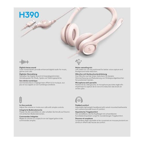 LOGITECH H390 Headset on-ear wired USB-A rose