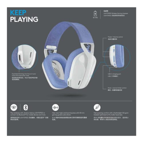 LOGITECH Lightspeed G435 Headset full size Bluetooth / 2.4 GHz radio frequency wireless white Discord Certified