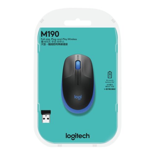 LOGITECH M190 Mouse optical 3 buttons wireless USB wireless receiver blue