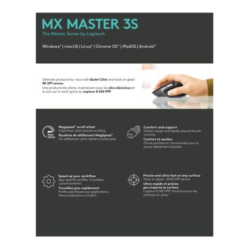 LOGITECH Master Series MX Master 3S Mouse ergonomic optical 7 buttons wireless Bluetooth 2.4 GHz Bolt USB receiver