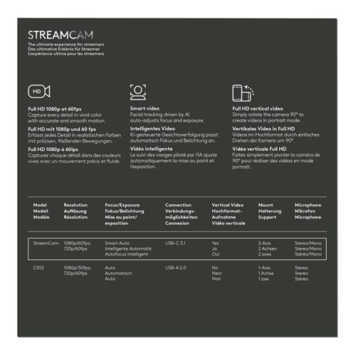 LOGITECH StreamCam Live streaming camera colour 1920 x 1080 1080p audio USB-C 3.1 Gen 1 MJPEG YUY2
