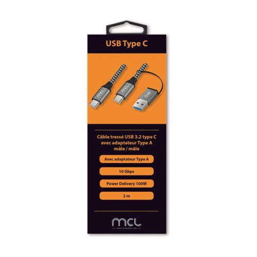 MCL USB 3.2 Type C mesh cable 10G 100W 5A + USB 3.0 adapter male – 2m