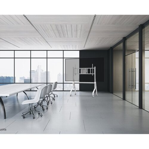 NEOMOUNTS FL50-575WH1 Support au sol mobile pour écran 65-110p – étagère multimédia incluse – installation rapide – TÜV