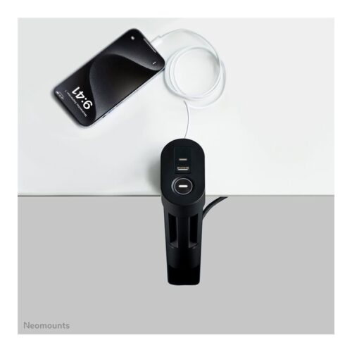 NEOMOUNTS VOLT Desk Clamp socket with Quick-charge USB Ports clamp 0-50mm 3x type-F 230V 1x USB-A 18W 2x USB-C 20W