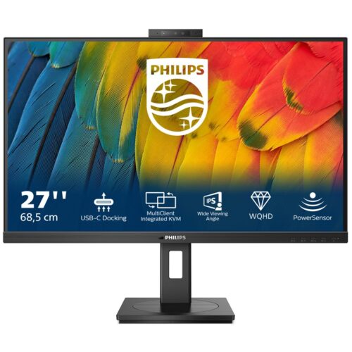 PHILIPS 27B1U5601H/00  27in – 2560 x 1440 QHD 75 Hz – IPS – 350 cd/m² – 4 ms – HDMI, DisplayPort, USB-C – haut-parleurs – WEBCAM