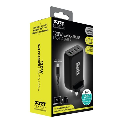 PORT DESIGNS 120W Gan Charger USB-C & USB-A Gallium Nitride Gan Technology More Efficient Smaller Lighter And Less Energy Consuming