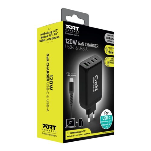 PORT DESIGNS 120W Gan Charger USB-C & USB-A Gallium Nitride Gan Technology More Efficient Smaller Lighter And Less Energy Consuming