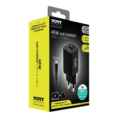PORT DESIGNS 65W Gan Charger USB-C & USB-A Gallium Nitride Gan Technology More Efficient Smaller Lighter And Less Energy Consuming