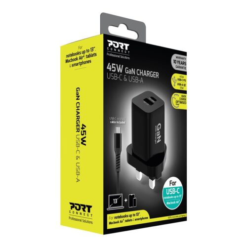 PORT DESIGNS 65W Gan Charger USB-C & USB-A Gallium Nitride Gan Technology More Efficient Smaller Lighter And Less Energy Consuming