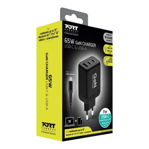 PORT DESIGNS 65W Gan Charger USB-C & USB-A Gallium Nitride Gan Technology More Efficient Smaller Lighter And Less Energy Consuming