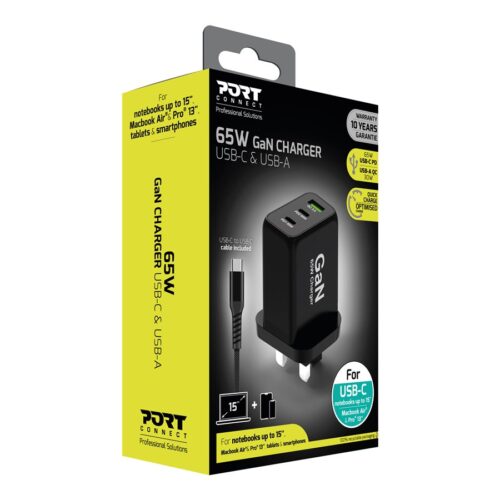 PORT DESIGNS 65W Gan Charger USB-C & USB-A Gallium Nitride Gan Technology More Efficient Smaller Lighter And Less Energy Consuming