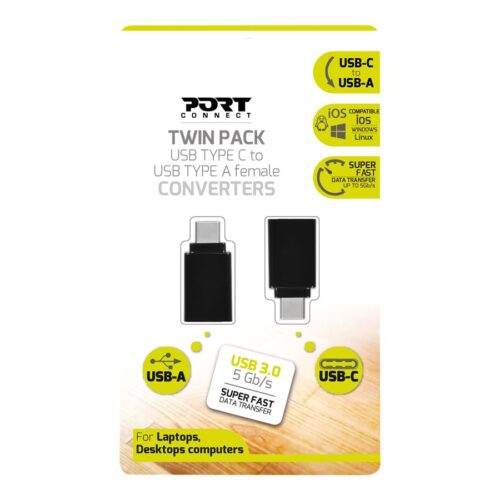 PORT DESIGNS Twin Pack – USB Type C to USB Type A Female Converters