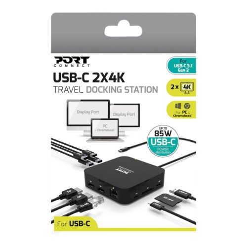 PORT DESIGNS USB Type C Travel Docking Station 2x4K Dual video display up to 4K 2x Display Port Charges laptops up to 85W