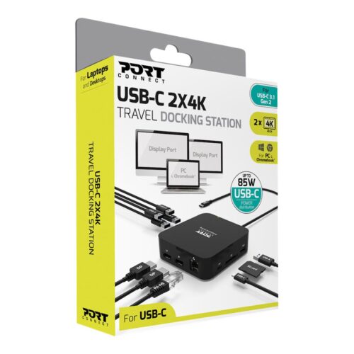 PORT DESIGNS USB Type C Travel Docking Station 2x4K Dual video display up to 4K 2x Display Port Charges laptops up to 85W