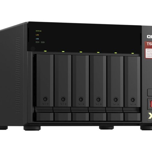 QNAP 6-bay NAS AMD Ryzen Embedded V1500B 2.2GHz 8Go 6xSATA 6Gb/s bays 2xM.2 NVMe PCIe Gen3 SSD slots 2×2.5GbE LAN optional 10GbE