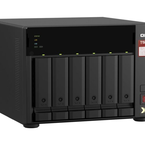 QNAP 6-bay NAS AMD Ryzen Embedded V1500B 2.2GHz 8Go 6xSATA 6Gb/s bays 2xM.2 NVMe PCIe Gen3 SSD slots 2×2.5GbE LAN optional 10GbE