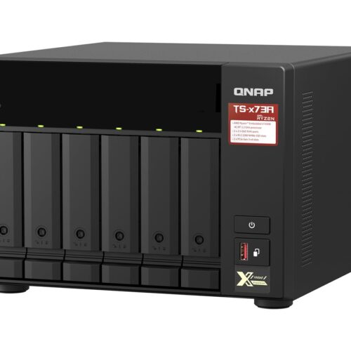 QNAP 6-bay NAS AMD Ryzen Embedded V1500B 2.2GHz 8Go 6xSATA 6Gb/s bays 2xM.2 NVMe PCIe Gen3 SSD slots 2×2.5GbE LAN optional 10GbE