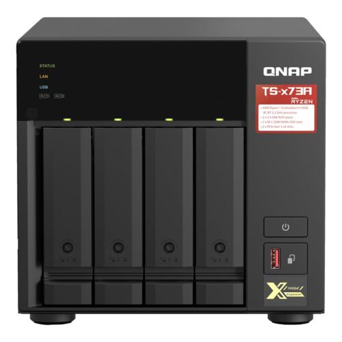 QNAP TS-473A-8G NAS AMD Ryzen Embedded V1500B 8Go SO-DIMM DDR4 4x 2.5/3.5inch SATA 6Gbps 2x M.2 2280 NVMe PCIe Gen3 x1 slots