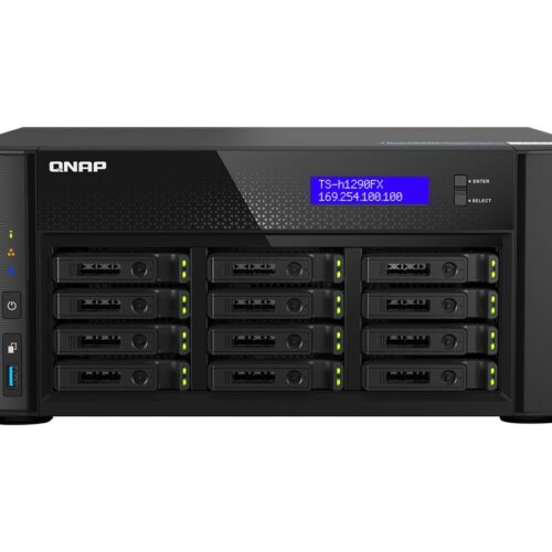 QNAP TS-h1290FX-7302P-256G 12-Bay NAS AMD EPYC 7302P 16-core up to 3.3GHz 12×2.5p U.2 NVMe/SATA SSD bays 256Go RDIMM ECC