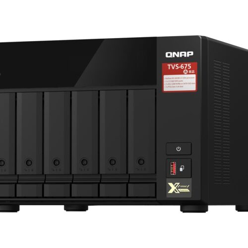 QNAP TVS-675-8G 6-bay NAS KX-U6580 8C/8T 2.5GHz 8Go 6xSATA 6Gb/s bays 2xM.2 NVMe PCIe Gen3 SSD slots 2×2.5GbE LAN optional 10GbE