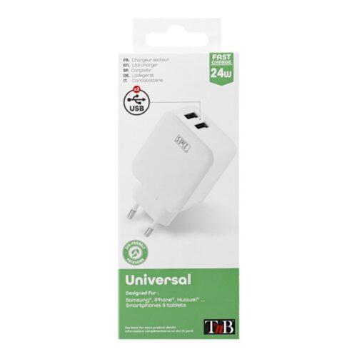 TNB 4.8A Mains 2 USB Charger White