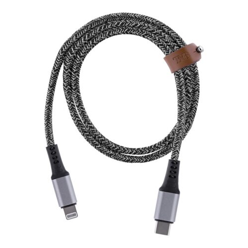 TNB PREMIUM – Nylon braided RPET USB-C to Lightning cable – metal connector – Leather cable tie – Black