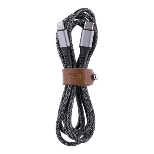 TNB PREMIUM – Nylon braided RPET USB-C to Lightning cable – metal connector – Leather cable tie – Black