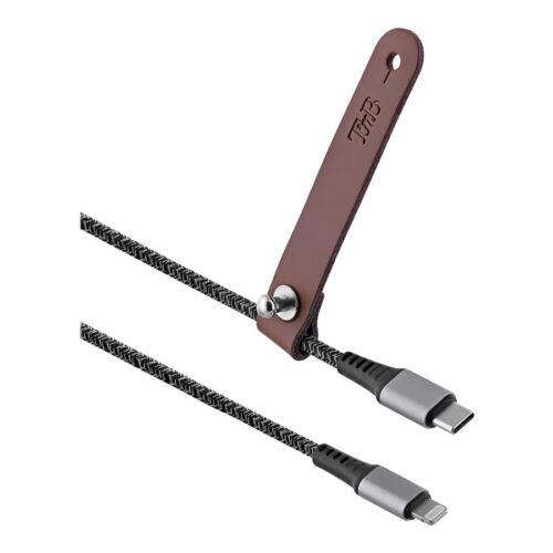 TNB PREMIUM – Nylon braided RPET USB-C to Lightning cable – metal connector – Leather cable tie – Black
