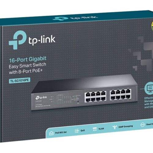 TP-LINK 16-Port Gigabit Desktop/Rackmount PoE+ Easy Smart Switch 16 Gigabit RJ45 ports including 8 PoE+ ports 110W PoE Power supply
