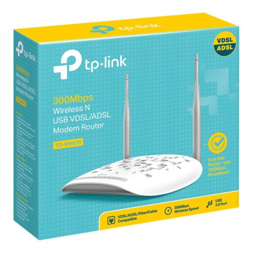TP-LINK 300Mbps Wireless N USB VDSL2 Modem Router Broadcom, 802.11b/g/n 300Mbps at 2.4GHz 4 FE LAN ports 1 USB 2.0 Port 2 fixed ant