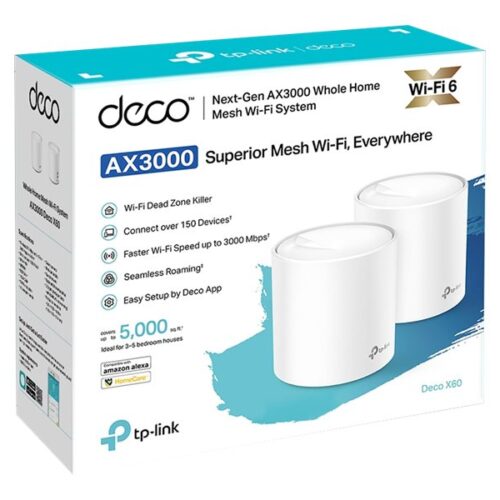 TP-LINK Deco X60 AX3000 Wi-Fi 6 Whole-Home Mesh System 2-pack Quad-core CPU 2x GE RJ45 4xint.antennas MU-MIMO